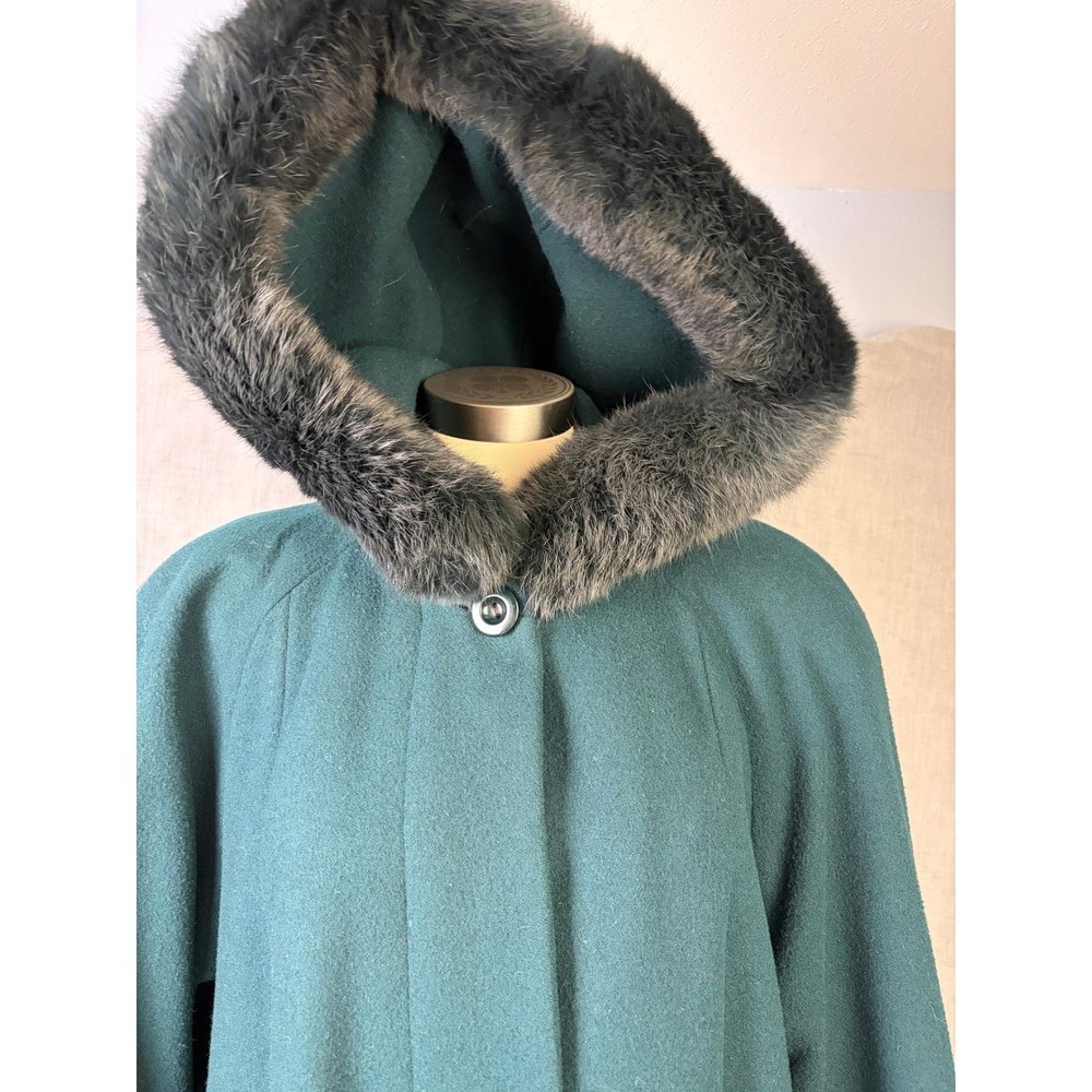 Vintage Donny Brook 90s Teal Wool Swing Coat Genuine Rabbit Fur Trim Hood 14‎